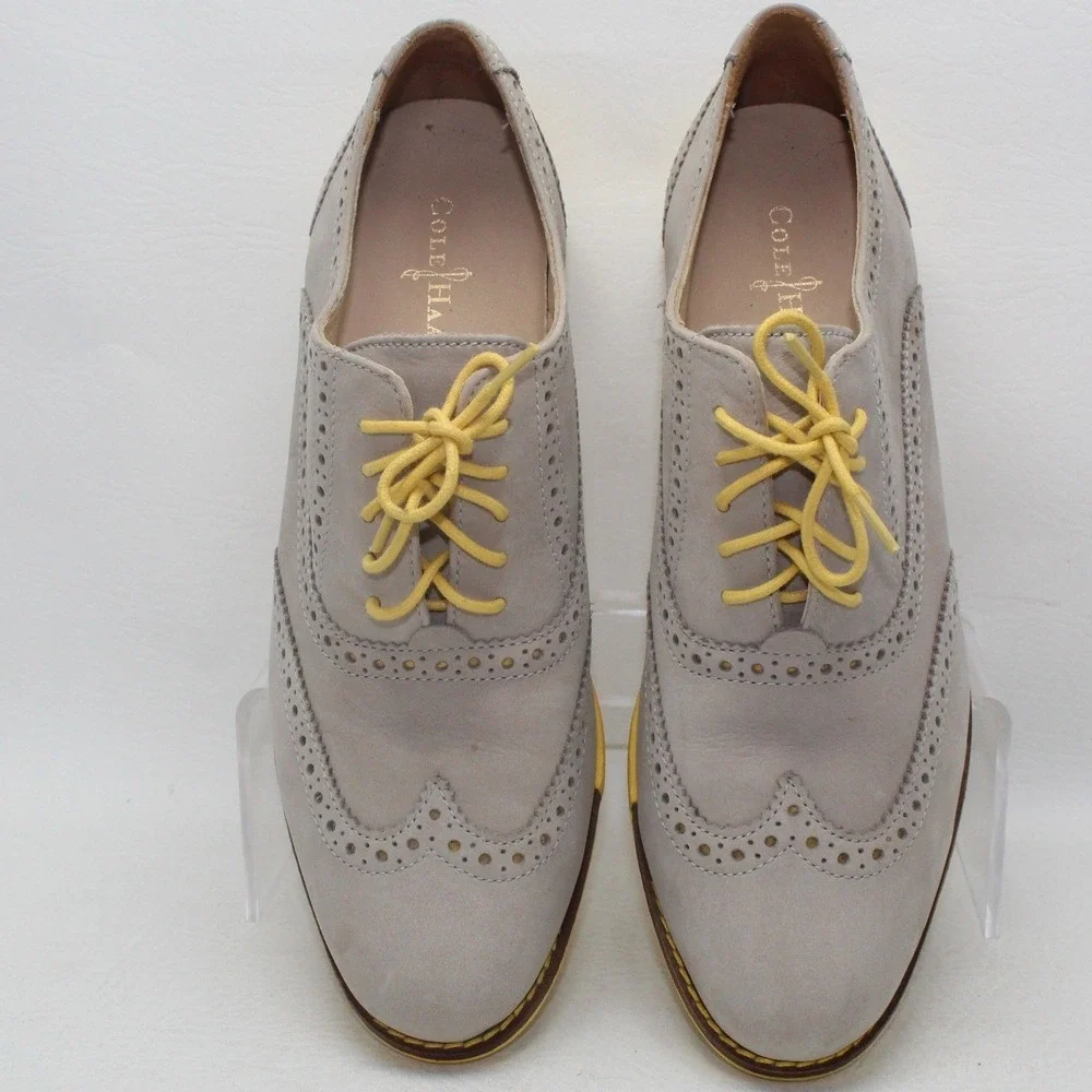 Cole‎ Haan Kids Gray Leather Wingtip Oxford Shoes Yellow Sole Size 7.5B K12
